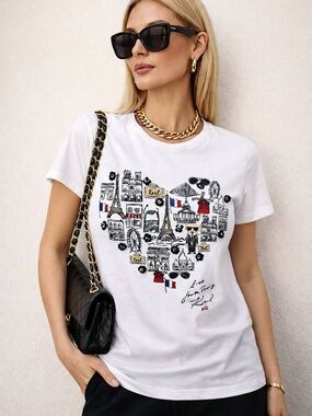 Karl Lagerfeld Paris Women White Paris Heart Graphic Tee 3D Flowers Size XS